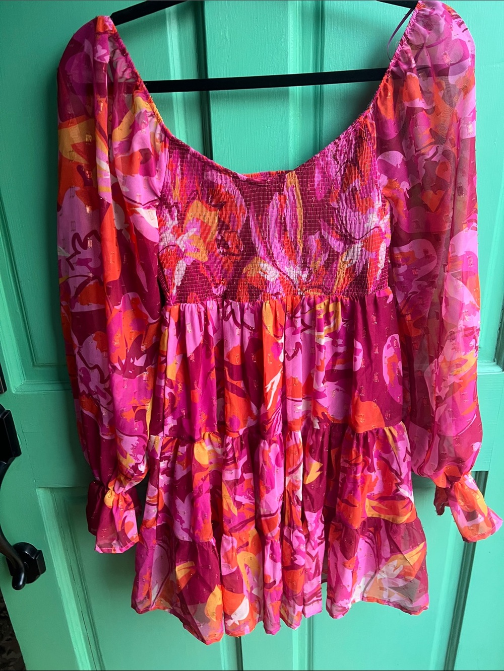 Flying Tomato Pink and Orange Floral Smocked Puff-Sleeve Tunic - Small